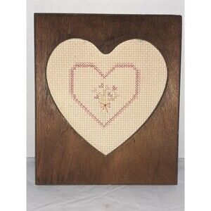 Vtg Handmade Rustic Wood Heart Frame Cross Stitch Heart Boho Country
